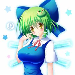 Rule 34 | 1girl, ^ ^, alternate hair length, alternate hairstyle, blue dress, bow, breasts, circled 9, cirno, cirno (cosplay), closed eyes, cosplay, dress, expressive hair, closed eyes, frog hair ornament, green hair, hair between eyes, hair bow, hair ornament, kochiya sanae, large breasts, looking at viewer, onbashira, open mouth, osashin (osada), short hair, smile, snake hair ornament, solo, star (symbol), touhou, upper body, wings, yellow eyes