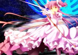 Rule 34 | 10s, 1girl, aiming, alternate costume, arrow (projectile), bad id, bad pixiv id, bow (weapon), artistic error, kaname madoka, long hair, mahou shoujo madoka magica, mahou shoujo madoka magica (anime), onaka sukisuki, orange eyes, pink hair, revision, solo, sparkle, spoilers, twintails, two side up, ultimate madoka, weapon, yellow eyes