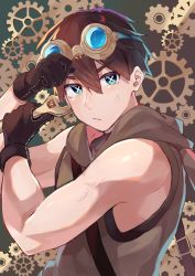 Rule 34 | 1boy, blue eyes, brown hair, brown tank top, closed mouth, gears, gloves, goggles, goggles on head, highres, holding, holding wrench, hood, hood down, kurobikari, looking at viewer, male focus, original, short hair, sweatdrop, tank top, toned, toned male, upper body, veins, veiny arms, wrench