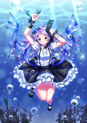 Rule 34 | 1girl, air bubble, blue hair, bow, bubble, dress, flower, frilled dress, frilled skirt, frilled sleeves, frills, hair flower, hair ornament, hechima-bushi, long hair, looking at viewer, original, puffy sleeves, ribbon, short sleeves, skirt, solo, underwater