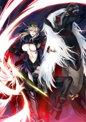 Rule 34 | 1girl, armor, artoria pendragon (fate), artoria pendragon (lancer) (fate), artoria pendragon (lancer alter) (fate), blonde hair, breasts, dark persona, fate/grand order, fate (series), highres, holding, holding weapon, horse, lance, large breasts, navel, polearm, saber (fate), saber alter, underboob, weapon, ycco (estrella), yellow eyes