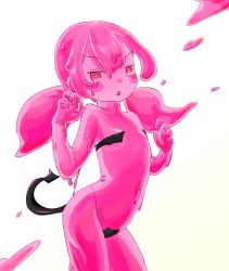 Rule 34 | 1girl, blush, colored skin, demon girl, demon tail, flat chest, highres, looking at viewer, monster girl, motinmanzyu, pink eyes, pink hair, pink skin, slime girl, solo, tail, twintails