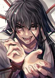 Rule 34 | 1boy, alternate form, artist name, bead necklace, beads, black hair, blood, blood on face, bound, bound wrists, brown eyes, bruise, furrowed brow, hair between eyes, hands up, highres, injury, inuyasha, inuyasha (character), jewelry, long hair, looking at viewer, male focus, nabeko (be yan3), necklace, open mouth, rope, solo, teeth