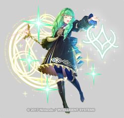Rule 34 | 1girl, :d, ^ ^, black dress, black footwear, blue pantyhose, boots, closed eyes, copyright notice, dress, eyebrows hidden by hair, facing viewer, fire emblem, fire emblem: three houses, flayn (fire emblem), frilled dress, frills, full body, green hair, grey background, hair ornament, holding, holding staff, knee boots, kousei horiguchi, long hair, long sleeves, magic circle, nintendo, official art, open mouth, outstretched arm, pantyhose, puffy long sleeves, puffy sleeves, simple background, sleeves past wrists, smile, solo, staff, standing, standing on one leg, teeth, upper teeth only, watermark