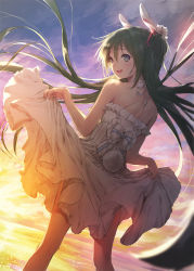 Rule 34 | 1girl, animal ears, blush, bow, clothes lift, cloud, cloudy sky, commentary request, cowboy shot, dress, dress lift, ek masato, frills, from behind, green eyes, green hair, hair ornament, hatsune miku, long hair, looking back, ocean, rabbit ears, rabbit tail, sky, sleeveless, sleeveless dress, smile, solo, sunrise, tail, twintails, very long hair, vocaloid, white dress
