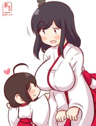 Rule 34 | 2girls, :3, aged down, ahoge, alternate costume, artist logo, black hair, closed mouth, commentary request, dated, closed eyes, hair ornament, hakama, heart, japanese clothes, kanon (kurogane knights), kantai collection, kimono, long sleeves, miko, multiple girls, one-hour drawing challenge, open mouth, red eyes, red hakama, shigure (kancolle), short hair, simple background, smile, white background, white kimono, wide sleeves, yamashiro (kancolle)