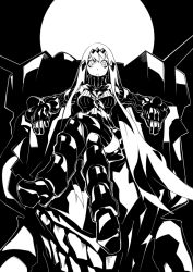 Rule 34 | 1girl, absurdly long hair, abyssal ship, aircraft carrier water oni, armor, armored boots, boots, deel (rkeg), detached sleeves, dress, expressionless, greyscale, knee boots, leaning back, crossed legs, long hair, looking at viewer, monochrome, neckerchief, ribbed dress, sailor dress, sitting, solo, teeth, turtleneck, very long hair