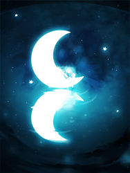Rule 34 | 1girl, blue theme, crescent moon, closed eyes, glowing, highres, monochrome, moon, moonlight, night, night sky, on crescent, original, reflection, sky, star (sky), star (symbol), water, yuukichi