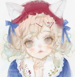 Rule 34 | 1girl, absurdres, animal ears, artist name, blonde hair, blush, bow, brown eyes, closed mouth, english text, hair ornament, hairband, hairclip, hat, headband, heart, hello kitty, hello kitty (character), highres, looking at viewer, original, sample watermark, sanrio, short hair, signature, simple background, solo, ssss ve, standing, upper body, watermark, white background