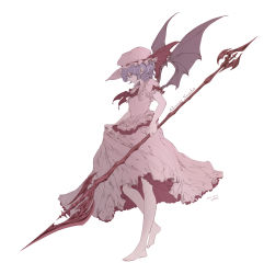 Rule 34 | 1girl, absurdres, barefoot, bat wings, dress, from side, full body, hamriku, hat, hat ribbon, highres, looking down, mob cap, polearm, profile, red eyes, remilia scarlet, ribbon, short hair, short sleeves, simple background, solo, spear, spear the gungnir, touhou, weapon, white background, wings