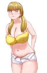 Rule 34 | 1girl, belly, blonde hair, blue eyes, blush, bra, breasts, cleavage, curvy, embarrassed, eyelashes, frown, hands on own hips, highres, huge breasts, kamisuki, large breasts, long hair, looking at viewer, low twintails, muffin top, navel, open fly, original, panties, panty peek, plump, short shorts, shorts, solo, tearing up, thighs, twintails, undersized clothes, underwear, weight conscious, white background, white shorts, yellow bra, yellow panties