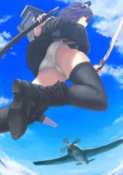 Rule 34 | 1girl, absurdres, aircraft, ass, black skirt, black thighhighs, cloud, day, eyepatch, unworn eyepatch, from below, giant, giantess, headgear, highres, holding, holding sword, holding weapon, jumping, kantai collection, looking at viewer, outdoors, panties, pantyshot, pleated skirt, purple hair, rigging, scabbard, sheath, shoes, short hair, size difference, skirt, sky, solo, sword, tenryuu (kancolle), thighhighs, underwear, uru (uru0000), weapon, white panties