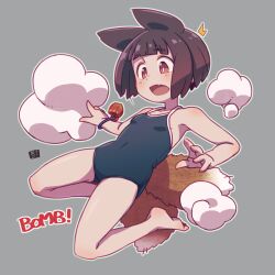 Rule 34 | 1girl, animal ears, barefoot, breasts, brown eyes, brown hair, covered navel, feet, fox ears, fox tail, gluteal fold, grey background, mawaru (mawaru), multiple tails, open mouth, original, short hair, simple background, small breasts, solo, tail, thighs, toes
