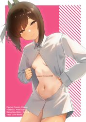 Rule 34 | 1girl, blush, breasts, brown eyes, brown hair, buttons, closed mouth, collared shirt, feet out of frame, highres, i-401 (kancolle), kantai collection, long sleeves, navel, ponytail, sakieko, shirt, short hair, small breasts, smile, solo, white shirt