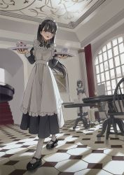 Rule 34 | 1boy, 2girls, apron, black dress, black footwear, black hair, blush, brown jacket, brown pants, cake, cake slice, chair, commentary request, cup, day, dress, facial hair, food, frilled apron, frills, fruit, grey eyes, grey hair, hair ornament, hairclip, highres, holding, holding tray, indoors, jacket, juliet sleeves, long hair, long sleeves, maid, maid apron, maid headdress, mug, multiple girls, mustache, on chair, open mouth, original, pants, pantyhose, puffy sleeves, shii (kairi-t-k0317), shoes, sitting, solo focus, stairs, standing, strawberry, table, tray, very long hair, white apron, white pantyhose, window