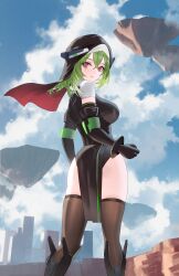 Rule 34 | 1girl, absurdres, ass, black dress, black gloves, breasts, brown thighhighs, cirilla lin, dress, from behind, gloves, green hair, highres, large breasts, long hair, looking at viewer, looking back, lyra (tower of fantasy), parted lips, pelvic curtain, red eyes, solo, standing, thighhighs, thighs, tower of fantasy, twisted torso, veil