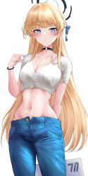 Rule 34 | 1girl, absurdres, alternate costume, arm behind back, black choker, blonde hair, blue archive, blue eyes, blue pants, blush, bracelet, braid, breasts, casual, choker, cleavage, collarbone, crop top, denim, earrings, expressionless, french braid, from below, halo, highres, jeans, jewelry, lds (dstwins97), long hair, looking at viewer, medium breasts, midriff, navel, open fly, pants, shirt, simple background, solo, standing, stomach, stud earrings, thighs, toki (blue archive), white background, white shirt
