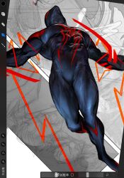 Rule 34 | 1boy, animal print, arm blade, bara, blue bodysuit, bodysuit, bulge, highres, large pectorals, male focus, marvel, muscular, muscular male, outstretched arms, pectorals, print bodysuit, red bodysuit, screencap, sketch, skin tight, solo, spider-man: across the spider-verse, spider-man (2099), spider-man (series), spider-verse, spider print, spread arms, thick thighs, thighs, turning head, two-tone bodysuit, unfinished, weapon, weibo watermark, xkov (cerberuskeeper)
