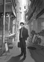 Rule 34 | 1boy, absurdres, backlighting, blazer, building, case, closed mouth, collared shirt, commentary request, creatures (company), dauheikin pkpk, day, formal, full body, game freak, greyscale, hair slicked back, half-closed eyes, hand in pocket, highres, holding case, jacket, larry (pokemon), long sleeves, looking to the side, male focus, manhole cover, monochrome, necktie, nintendo, open clothes, open jacket, outdoors, pants, plant, pokemon, pokemon sv, salaryman, shirt, shoes, short sleeves, sign, solo focus, standing, table