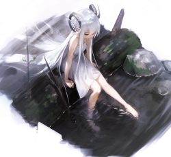 Rule 34 | 1girl, bare shoulders, barefoot, closed mouth, curled horns, dress, eyelashes, half-closed eyes, hara shoutarou, highres, horns, log, long eyelashes, long hair, moss, original, outdoors, pointy ears, ripples, river, rock, sitting, sitting on log, solo, twig, very long hair, water, white dress, white hair