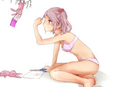 Rule 34 | 1girl, animal, bare arms, bare legs, bare shoulders, barefoot, blush, bra, breasts, brown eyes, brown hair, closed mouth, hair bobbles, hair ornament, hand mirror, hand up, holding, holding hair, kantai collection, looking away, mirror, navel, panties, pink bra, pink panties, profile, rabbit, reflection, rizzl, sazanami (kancolle), scissors, shadow, small breasts, soles, solo, twintails, underwear, underwear only, white background