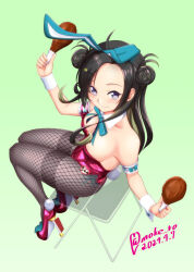 Rule 34 | 1girl, ahoge, animal ears, bare shoulders, black hair, blush, bow, bowtie, breasts, cleavage, covered navel, dated, detached collar, double bun, fake animal ears, fake tail, food, forehead, green background, green hair, hair bun, kantai collection, leotard, long hair, looking at viewer, makinami (kancolle), moke ro, pink leotard, playboy bunny, rabbit ears, rabbit tail, signature, simple background, small breasts, smile, solo, strapless, strapless leotard, tail, traditional bowtie, turkey (food), wrist cuffs
