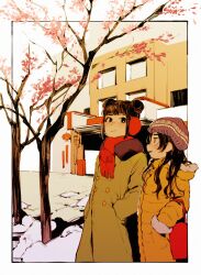 Rule 34 | 2girls, beanie, coat, earmuffs, fur collar, hands in pockets, hat, highres, hime cut, messy hair, multiple girls, nanimonothing, original, scarf, straight hair, tree, winter, winter clothes, winter coat