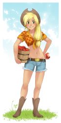 Rule 34 | 1girl, apple, applejack, bare legs, belt, blonde hair, boots, bucket, cowboy boots, cowboy hat, cowboy western, denim, denim shorts, food, freckles, front-tie top, fruit, full body, green eyes, hand on own hip, hat, high heels, hip focus, long hair, low-tied long hair, meago, midriff, my little pony, my little pony: friendship is magic, name connection, navel, object namesake, personification, plaid, ponytail, shirt, shoes, short shorts, short sleeves, shorts, smile, solo, tan, tied shirt
