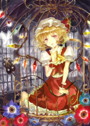 Rule 34 | 1girl, ascot, bad id, bad pixiv id, barefoot, birdcage, blonde hair, cage, color ink (medium), finger to own chin, flandre scarlet, flower, hat, hat ribbon, head tilt, keiko (mitakarawa), kneeling, laevatein, looking at viewer, mob cap, painting (medium), parted lips, puffy short sleeves, puffy sleeves, red eyes, ribbon, short hair, short sleeves, side ponytail, skirt, skirt set, solo, touhou, traditional media, window, wings, wrist cuffs