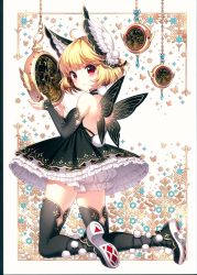 Rule 34 | 1girl, absurdres, bare shoulders, black legwear, blonde hair, bloomers, blush, butterfly wings, choker, detached sleeves, dress, elbow gloves, fairy, from behind, full body, gloves, hair ornament, head wings, highres, huge filesize, insect wings, kneeling, looking at viewer, looking back, nardack, original, pocket watch, pom pom (clothes), red eyes, scan, short dress, short hair, simple background, smile, solo, strapless, strapless dress, underwear, watch, white bloomers, wings