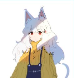 Rule 34 | 1girl, absurdres, animal ear fluff, animal ears, bare shoulders, blunt bangs, cat ears, cat girl, cat tail, clothing cutout, commentary, hair ornament, hairclip, highres, long hair, long sleeves, looking at viewer, neqo (character), neqo (neneneqo), original, overalls, red eyes, shoulder cutout, skirt, solo, suspender skirt, suspenders, sweater, symbol-only commentary, tail, white background, white hair, yellow sweater