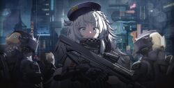 Rule 34 | 1girl, :3, beret, blue eyes, blurry, blurry background, city lights, gloves, goddess of victory: nikke, grey hair, gun, hat, highres, holding, holding gun, holding weapon, humanoid robot, long hair, looking at viewer, night, poli (nikke), police, police uniform, robot, science fiction, shotgun, smile, thick eyebrows, trigger discipline, uniform, weapon