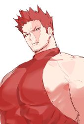 Rule 34 | 1boy, abs, alternate costume, bara, beard, blue eyes, boku no hero academia, covered abs, deavor lover, endeavor (boku no hero academia), facial hair, highres, large pectorals, looking at viewer, male focus, manly, muscular, nipple slip, nipples, pectorals, red hair, scar, solo, spiked hair, upper body, white background