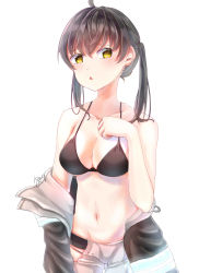 Rule 34 | 1girl, absurdres, ahoge, baggy pants, bare shoulders, bikini, bikini top only, black bikini, black coat, black hair, blush, breasts, cleavage, coat, collarbone, commentary, cowboy shot, crossed bangs, en&#039;en no shouboutai, grey pants, groin, hand on own chest, highres, hip vent, looking at viewer, medium breasts, navel, off-shoulder jacket, off shoulder, open clothes, open coat, pants, signature, simple background, solo, swimsuit, tamaki kotatsu, triangle mouth, tung tung, twintails, white background, yellow eyes