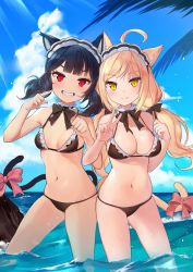 Rule 34 | 2girls, absurdres, ahoge, animal ears, bada (jksh5056), bare arms, bare shoulders, bikini, black bikini, black hair, blonde hair, blue sky, bow, bowtie, breasts, cat ears, cat girl, cat tail, choker, cleavage, cloud, commission, day, frilled bikini, frills, grin, hands up, headdress, highres, horizon, locked arms, long hair, looking at viewer, low twintails, medium breasts, multiple girls, navel, ocean, original, outdoors, palm leaf, pink bow, red eyes, side-by-side, skindentation, sky, smile, stomach, string bikini, sunlight, swimsuit, tail, tail bow, tail ornament, thighs, twintails, v, wading, water, yellow eyes