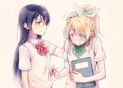 Rule 34 | 10s, 2girls, ayase eli, blonde hair, blue eyes, blue hair, blush, book, bow, bowtie, brown eyes, commentary request, flinch, frown, hair bow, holding, holding book, long hair, looking at another, love live!, love live! school idol project, multiple girls, pale color, headpat, ponytail, school uniform, short sleeves, simple background, smile, sonoda umi, sweatdrop, yukiiti, yuri