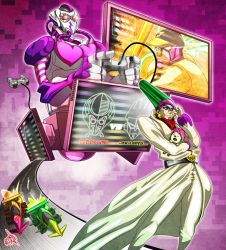 Rule 34 | atum (stand), baseball bat, baseball cap, car, controller, doll, earrings, facial mark, game controller, gamepad, gradient background, green hair, hand on own head, hat, headband, holding, jewelry, jojo no kimyou na bouken, long coat, motor vehicle, outline, purple background, purple eyes, road, stand (jojo), tattoo, television, terence t. d&#039;arby, uc-lab, vehicle, watermark