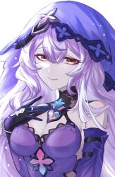 Rule 34 | 1girl, 30 byou suwa, bare shoulders, black swan (honkai: star rail), breasts, cleavage, commentary request, dress, elbow gloves, gloves, highres, honkai: star rail, honkai (series), long hair, looking at viewer, medium breasts, purple dress, purple eyes, purple gloves, purple hair, simple background, sleeveless, sleeveless dress, smile, solo, upper body, veil, very long hair, white background