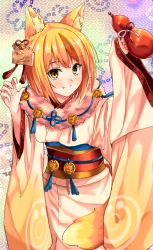Rule 34 | 1girl, animal ears, bell, blonde hair, brown hair, closed mouth, fang, fire emblem, fire emblem fates, fire emblem heroes, fox ears, fuussu (21-kazin), hair ornament, holding, japanese clothes, kimono, long sleeves, multicolored hair, nintendo, obi, sash, selkie (fire emblem), smile, solo, streaked hair, wide sleeves, yellow eyes