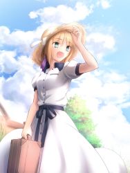 Rule 34 | 1girl, :d, artoria pendragon (all), artoria pendragon (fate), bag, blonde hair, day, dress, fate (series), green eyes, hand up, hat, highres, holding, house, open clothes, open mouth, outdoors, revision, saber (fate), shoori (migiha), sidelocks, smile, sun hat