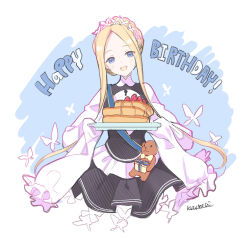Rule 34 | 1girl, :d, abigail williams (fate), abigail williams (festival outfit) (fate), blonde hair, blue background, blue eyes, blush, box, fate/grand order, fate (series), food, forehead, fruit, gift, gift box, happy birthday, head tilt, highres, holding, holding tray, keyhole, kuzumochi (kuzumochiya), long hair, long sleeves, open mouth, pancake, pancake stack, parted bangs, puffy long sleeves, puffy sleeves, sidelocks, signature, sleeves past fingers, sleeves past wrists, smile, solo, strawberry, stuffed animal, stuffed toy, syrup, teddy bear, tray, two-tone background, very long hair, white background