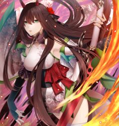 Rule 34 | 1girl, bad id, bad pixiv id, bare shoulders, black gloves, breasts, brown hair, detached sleeves, fingerless gloves, fire, floral print, flower, gloves, green eyes, hair between eyes, hair flower, hair ornament, holding, holding sword, holding weapon, horns, long hair, looking at viewer, medium breasts, pixiv fantasia, pixiv fantasia last saga, sinoake, solo, standing, sword, very long hair, weapon