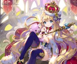 Rule 34 | 1girl, blonde hair, blue eyes, blue thighhighs, blush, copyright name, crown, holding, holding staff, holding stuffed toy, long hair, looking at viewer, open mouth, sitting, solo, staff, stuffed animal, stuffed toy, teddy bear, teeth, thighhighs, tob, unleashed, watermark, web address