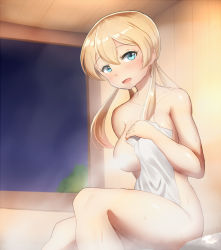 Rule 34 | 1girl, :d, ass, blonde hair, blue eyes, breasts, convenient censoring, covering privates, hair between eyes, kantai collection, large breasts, long hair, low twintails, maku ro, naked towel, nude cover, open mouth, prinz eugen (kancolle), sitting, smile, solo, steam, steam censor, towel, twintails