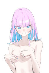 Rule 34 | 1girl, absurdres, blue eyes, blue hair, blue nails, blunt bangs, blush, breasts, clenched teeth, collarbone, colored inner hair, fingernails, highres, light blue hair, long bangs, looking at viewer, medium breasts, medium hair, multicolored hair, nail polish, nude, original, pink hair, pink nails, pink pupils, simple background, smile, solo, teeth, two-tone hair, watarumi, white background