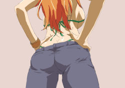 Rule 34 | 1girl, ass, backboob, bikini, bikini top only, breasts, butt crack, from behind, from below, green panties, hands on own hips, kyabakurabakufu, large breasts, long hair, nami (one piece), one piece, orange hair, panties, pants, pink background, sideboob, simple background, solo, swimsuit, thong, underwear, whale tail (clothing)