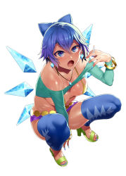 Rule 34 | 1girl, :o, aged up, alternate breast size, argyle, argyle clothes, argyle legwear, bare shoulders, between fingers, between legs, bikini, bikini top only, blue eyes, blue hair, blue nails, blue thighhighs, bow, bracelet, breasts, cigarette, cirno, cleavage, commentary request, earrings, fairy wings, feet, fingernails, full body, green footwear, gyaru, hair between eyes, hair bow, hand between legs, hand up, high heels, holding, ice, ice wings, jewelry, long fingernails, long sleeves, long toenails, looking up, medium breasts, micro bikini, micro bikini top, microskirt, mizuryu kei, nail polish, necklace, off-shoulder shirt, off shoulder, open mouth, purple skirt, shiny skin, shirt, shoes, short hair, simple background, skirt, solo, squatting, swimsuit, tanned cirno, thighhighs, toeless footwear, toenail polish, toenails, toes, touhou, white background, wings, yellow bikini