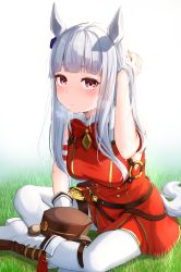 Rule 34 | 1girl, animal ears, bare shoulders, boots, bow, bowtie, breasts, full body, gloves, gold ship (umamusume), grass, hair bow, high heel boots, high heels, highres, hirotsuki, horse ears, horse girl, horse tail, long hair, looking at viewer, no headwear, on floor, pants, pantyhose, purple eyes, purple hair, red bow, red bowtie, red shirt, shirt, simple background, sitting, sleeveless, sleeveless shirt, solo, sweat, tail, umamusume, white background, white footwear, white gloves, white pants