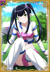 Rule 34 | 00s, 1girl, black hair, breasts, card (medium), curvy, female focus, grass, hair ornament, ikkitousen, long hair, looking at viewer, one eye closed, saji genpou (true), shiny skin, skirt, sky, small breasts, smile, twintails, wink, yellow eyes