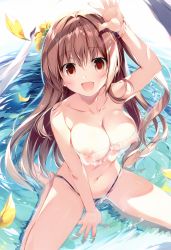 Rule 34 | 1girl, :d, absurdres, bare legs, barefoot, bikini, blush, breasts, brown eyes, brown hair, cleavage, collarbone, feet, flower, frilled bikini, frills, hair flower, hair ornament, highres, karory, large breasts, long hair, looking at viewer, navel, nipples, non-web source, open mouth, original, partially submerged, see-through, see-through bikini, sitting, smile, solo, stomach, swimsuit, very long hair, wariza, wet, white bikini